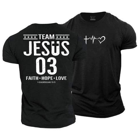 Black t-shirt with 'Team Jesus 03' design on front and heart and cross symbol on back